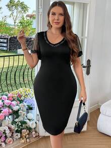 SHEIN Clasi Plus Size Rhinestone Decor Sequin Mesh Splice Dress - Black - View 4