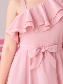 SHEIN Teen Girls' Woven Solid Color Double Layer Ruffle Trim Casual Dress - Pink - View 3
