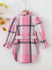 SHEIN 小女童格紋荷葉袖繫腰帶洋裝