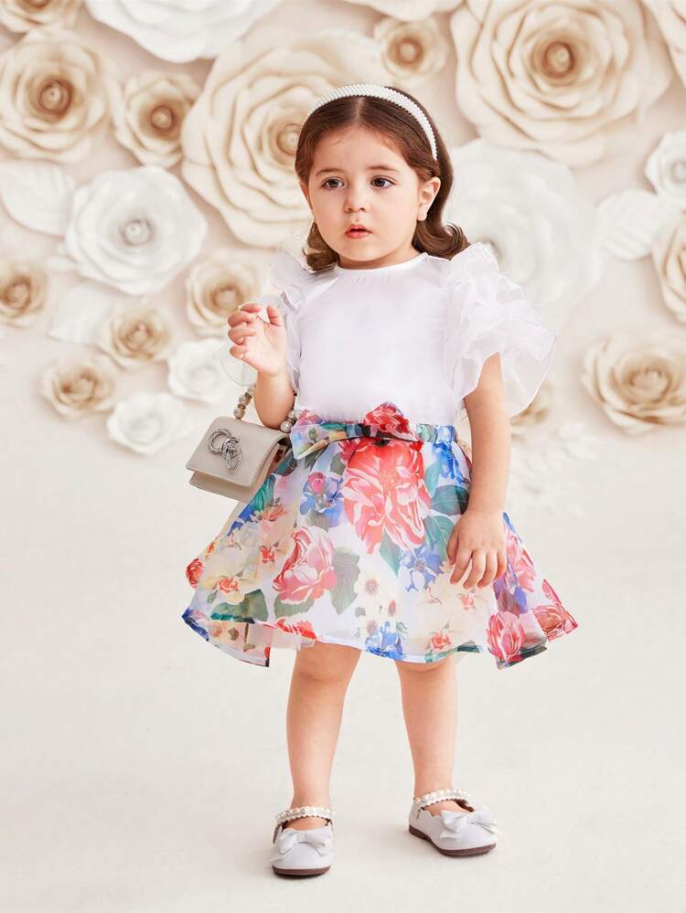 Baby Girls' Gorgeous Mesh Ruffle Top And Skirt Set With Floral Print