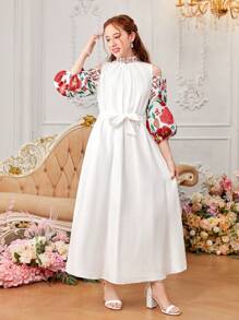 SHEIN Leap Crew Teen Girls' Off-Shoulder Puff Sleeve Woven Patchwork Floral Dress - White - View 7