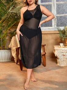 SHEIN Swim Curve Cubrecostilla asimétrico con cuello transparente y abertura lateral para tallas grandes, ideal para el verano