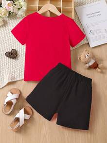 SHEIN 小女孩心形字母印花上衣和純色短褲頭兩件套 - 粉色 - 查看 2