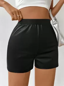 SHEIN LUNE High-Waisted Pu Leather Shorts With Elegant Style - Black - View 1