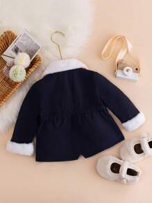 Baby Girl Color Block Plush Lapel Collar Long Sleeve Jacket - Navy Blue - View 2