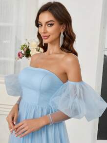 SHEIN Belle 优雅浪漫公主裙露肩泡泡袖网眼面料女士鸡尾酒会礼服婚礼新娘礼服 - 藍色 - 查看 2