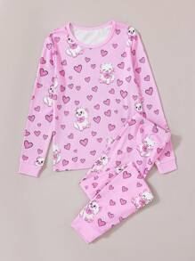 青少女淡紫色心形貓紋長袖上衣和褲子套裝,緊身睡衣套裝 - 淡紫色 - 查看 4