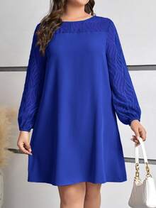 SHEIN LUNE 大尺碼提花拼接燈籠袖連身裙 - 寶藍色 - 查看 6