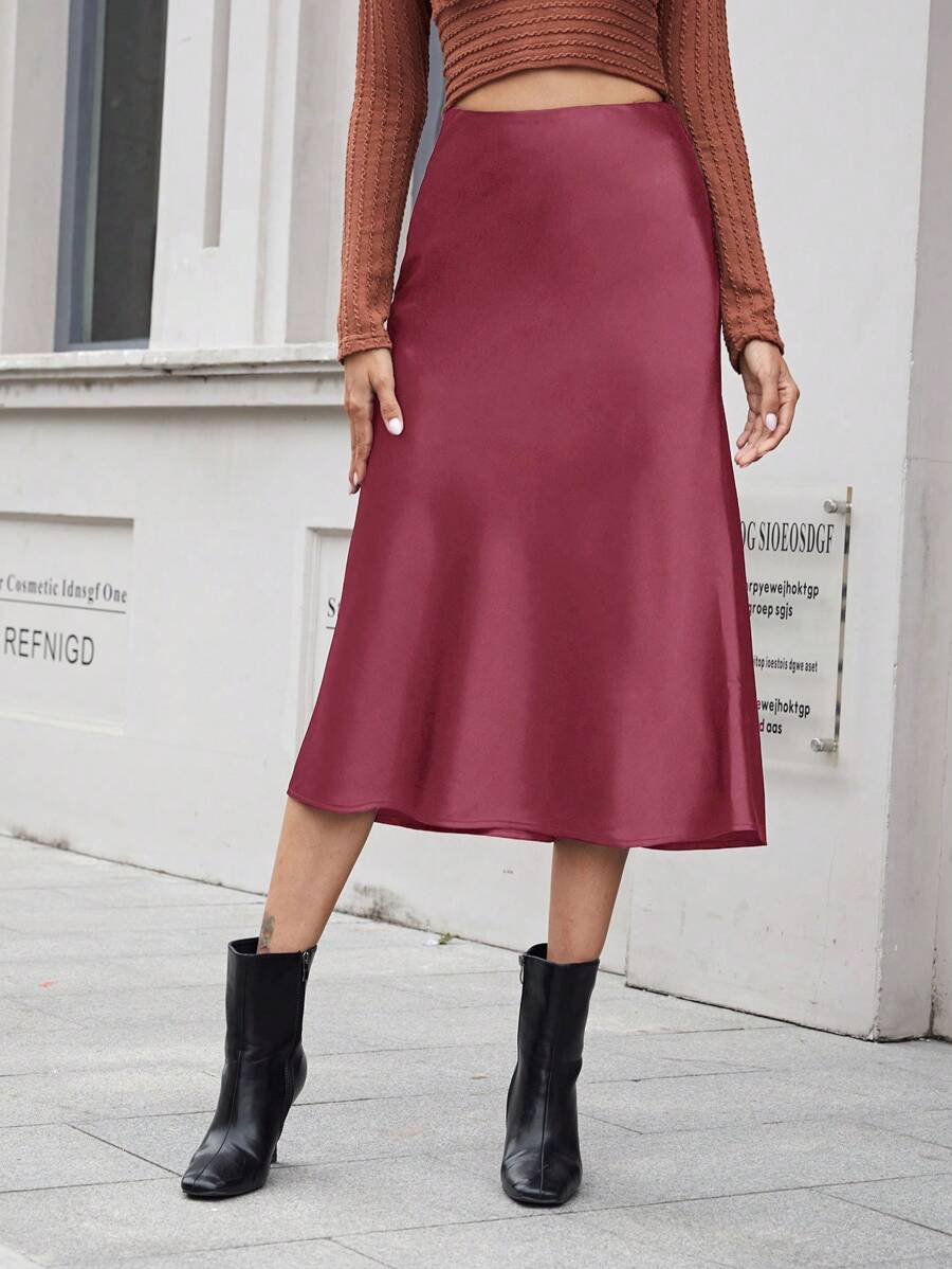 EURMUSE Solid High Waist Bias Cut Skirt - Merah - View 1
