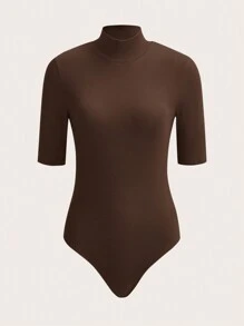 SHEIN BASICS Solid Color Stand Collar Knitted Bodysuit - Chocolate Brown - View 1