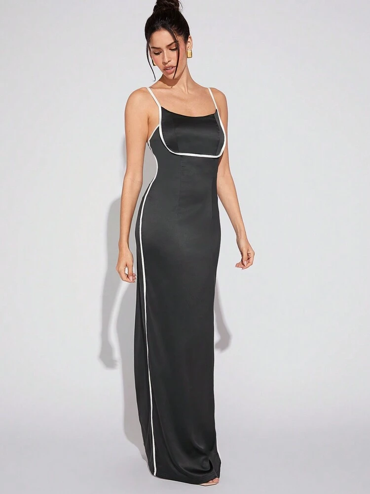 Elegant Contrast Trim Side Slit Fitted Long Strap Dress