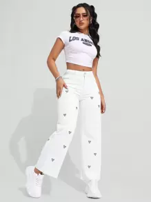 SHEIN EZwear Của phụ nữ quần ống rộng Denim Quần jean Với Thêu trái tim - trắng - Xem 6