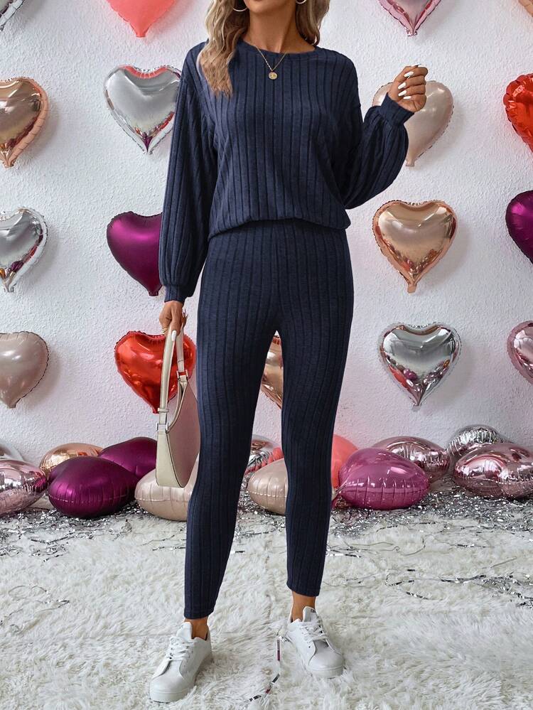 SHEIN LUNE 女士純色長袖上衣和緊身褲套裝 - 藏蓝色 - 查看 2