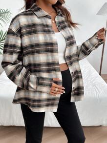 SHEIN Pregnant Women's Plaid Drop Shoulder Shirt Jacket For Maternity - Multicolor - View 1