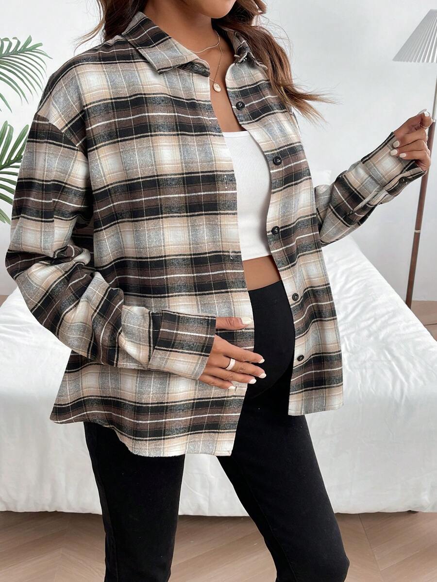 SHEIN Pregnant Women's Plaid Drop Shoulder Shirt Jacket For Maternity - Multicolor - View 1