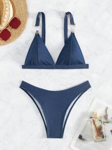 SHEIN Swim Women's Triangle Bikini Set With Shoulder Strap Carnival Summer