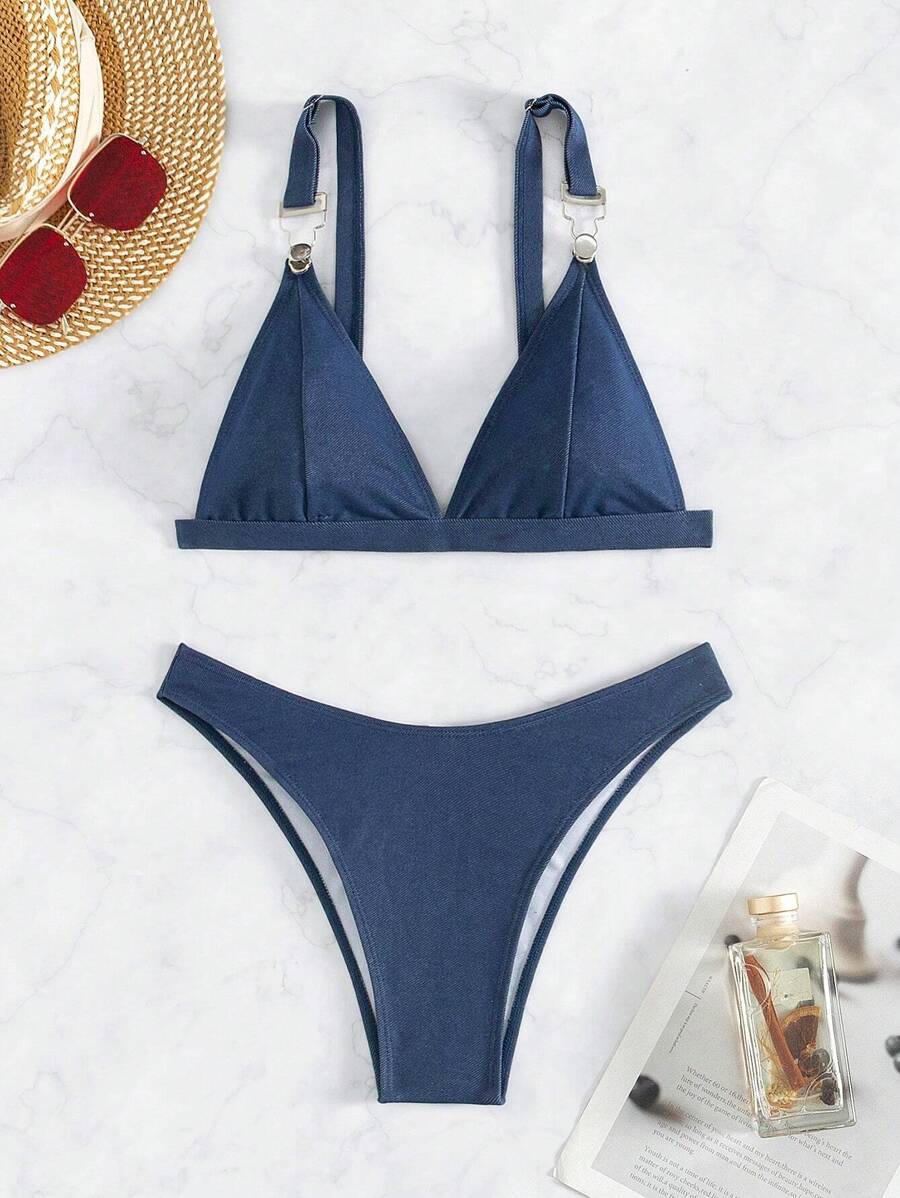 SHEIN Swim Women's Triangle Bikini Set With Shoulder Strap Carnival Summer