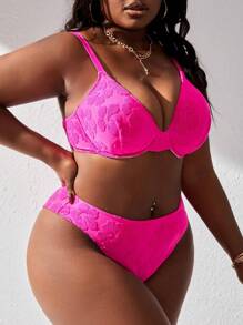 SHEIN Slayr CURVE 大尺碼女士花卉印花游泳服套裝,壓花設計 - 玫紅色 - 查看 4