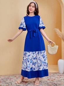 SHEIN Teen Girls' Floral Pattern Spliced Casual Dress - Blue and White - View 3