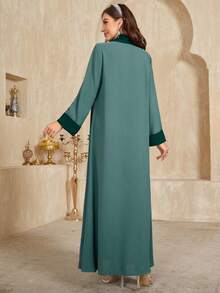 Women's V-Neck Embroidered Applique Decor Contrast Cuff & Collar, Color Block Fabric Elegant Long Sleeve Dress, Suitable For Daily, Casual, Holiday Occasions - Multicolor - View 2