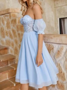 SHEIN Belle Light Blue French Lace Splicing Chiffon Tube Top Dress,Elegant Backless Puff Sleeve Strapless Cocktail Party Prom Dress For Wedding Guest Homecoming - Baby Blue - View 3
