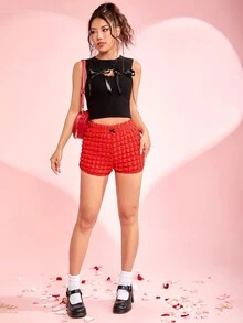 SHEIN EZwear Bubble Fabric Sweet Lovely Shorts With Bowknot Decor - Red - View 5