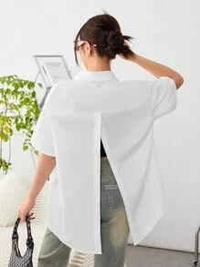SHEIN Thiếu niên Cô gái Dệt màu trơn Màu sắc Mặt trước & Trở lại Mở Nút Giải trí Áo sơ mi Với Cổ bẻ - trắng - Xem 1