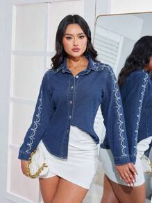 SHEIN Privé 女士刺繡牛仔上衣 - 深色水洗藍 - 查看 5