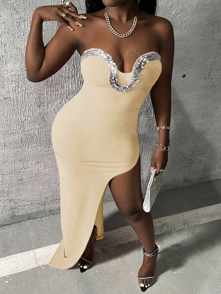 Women'S Sequin Decorated Asymmetrical Hem Bodycon Tube Dress
