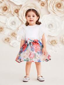SHEIN Baby Girls' Gorgeous Mesh Ruffle Top And Skirt Set With Floral Print - White - View 3