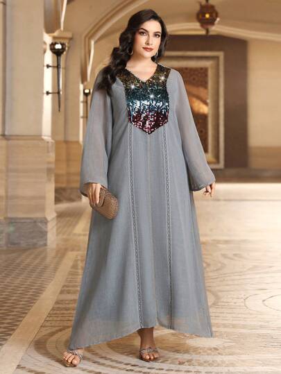 Al Najma 大尺碼女式閃亮長袖阿拉伯服飾,帶拼接設計