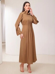 Al Najma 純色褶襉垂領連身裙 - 卡其色 - 查看 3