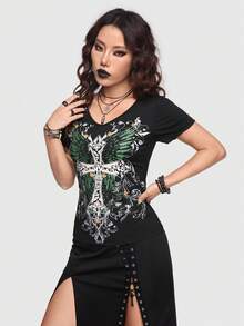 ROMWE Goth 削減版十字印花修身t恤,收腰和短袖 - 黑色 - 查看 6