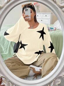 Flirla Plus Size Star Pattern Drop Shoulder Sweater Knit Pullover Fall Winter - Beige - View 5