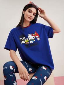 HELLO KITTY AND FRIENDS | SHEIN Cartoon Letter Printed Round Neck Short Sleeve T-Shirt - Royal Blue - View 6