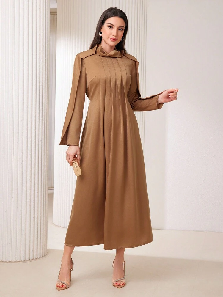 Solid Color Pleated Draped Collar Dress Modest Dress