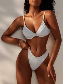 SHEIN Swim Bộ bikini trang trí hoa 3d đi biển mùa hè dành cho nữ - trắng - Xem 3