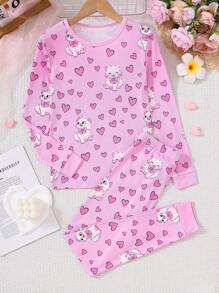 青少女淡紫色心形貓紋長袖上衣和褲子套裝,緊身睡衣套裝 - 淡紫色 - 查看 1