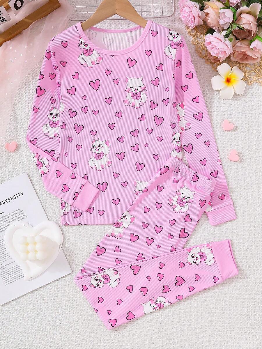 青少女淡紫色心形貓紋長袖上衣和褲子套裝,緊身睡衣套裝 - 淡紫色 - 查看 1