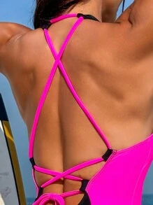SHEIN Swim Women'S Color Block Halter One Piece Swimsuit Music Festival Summer - Multicolor - View 4