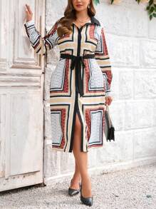 SHEIN Clasi 大碼幾何印花腰帶長裙 - 彩色 - 查看 3