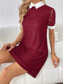 SHEIN Essnce Women's Colorblock Lace Dress With Contrast Collar And Cuff