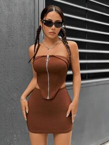 SHEIN PETITE 女式純色緊身兩件套 - 棕色 - 查看 4