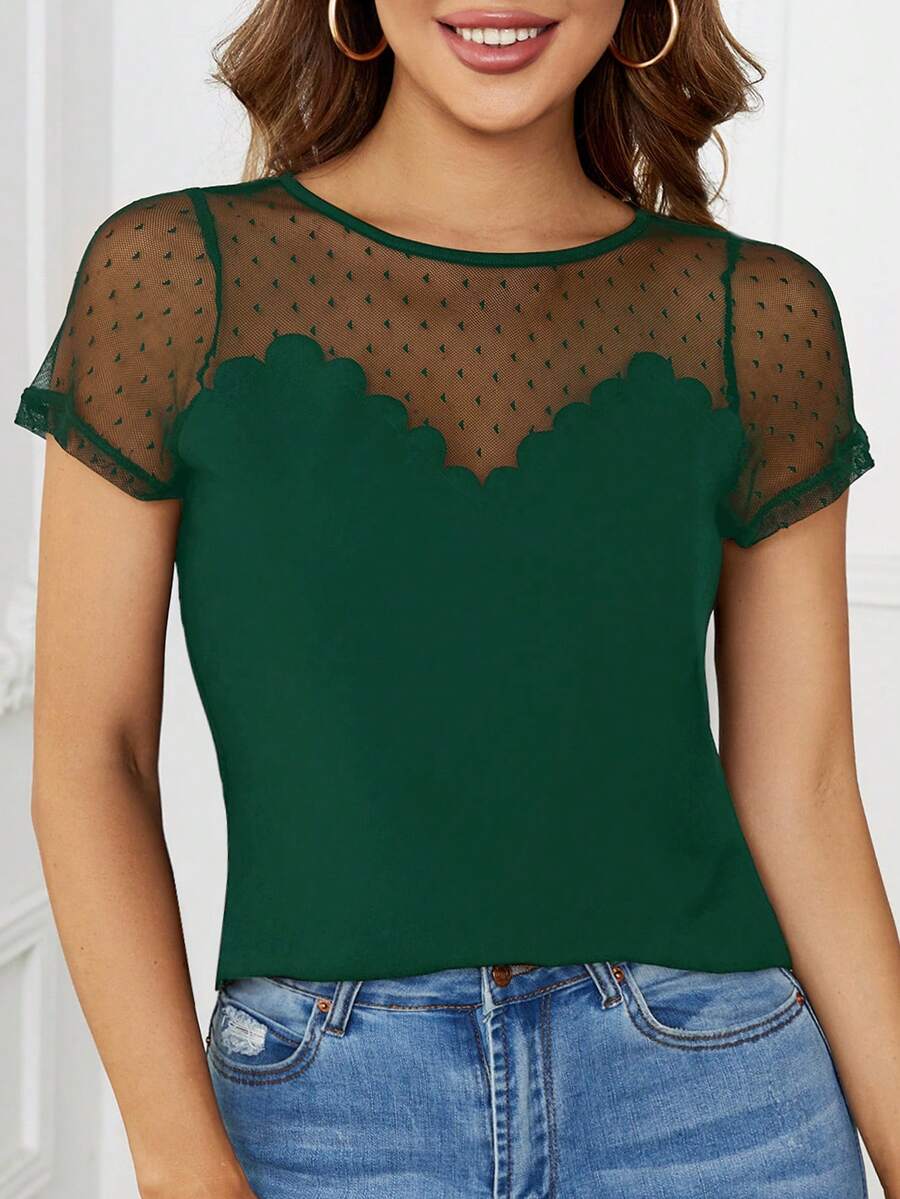 SHEIN Clasi Women's Round Neck Mesh Panel Short Sleeve T-Shirt - Dark Green - View 1