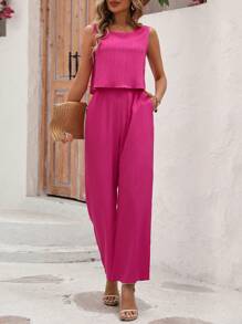 SHEIN VCAY Solid Color Casual 2pcs/Set - Hot Pink - View 1