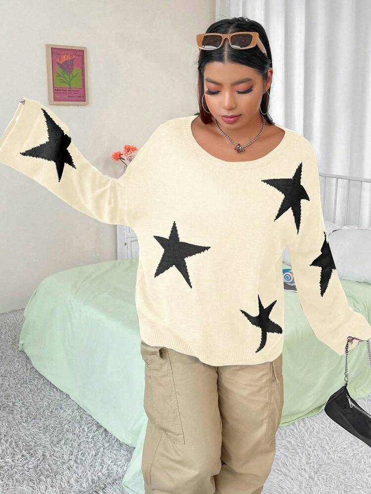 Plus Size Star Pattern Drop Shoulder Sweater Knit Pullover Fall Winter