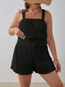 SHEIN VCAY Plus Size Women's Frill Trim Spaghetti Strap Tank Top And Shorts Set - Black - View 5