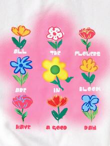 SHEIN Cô gái Tween Đồ họa hoa & chữ Thả vai Áo nỉ - trắng - Xem 5