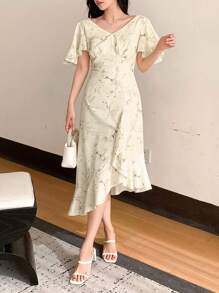 DAZY 女士植物印花荷叶边连衣裙吊带长裙碎花连衣裙 - 黃色 - 查看 8