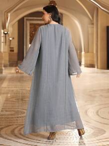 Al Najma 大尺碼女式閃亮長袖阿拉伯服飾,帶拼接設計 - 霧霾藍 - 查看 2